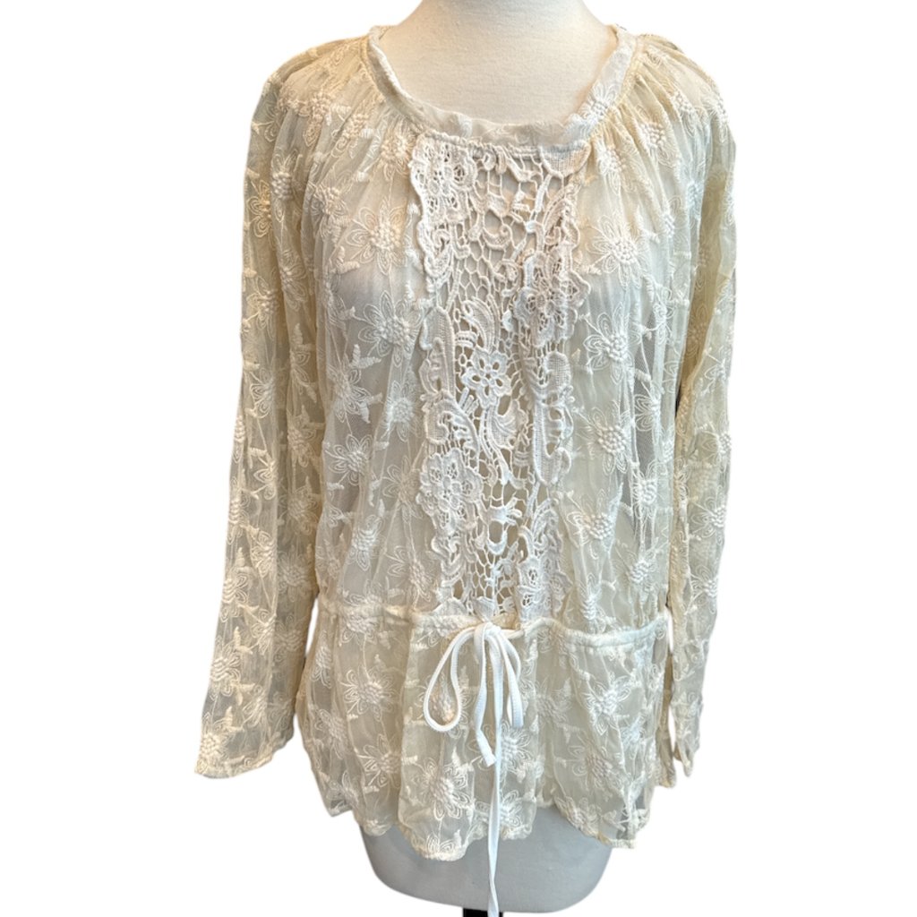 New Monoreno Sheer Lace Tunic Drawstring Blouse